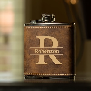 Groomsmen Rustic Leather Flask, Personalized Engraved Box Set, Best Man, Bridesmaid, Bachelor Party, Proposal ,Wedding Favors image 1