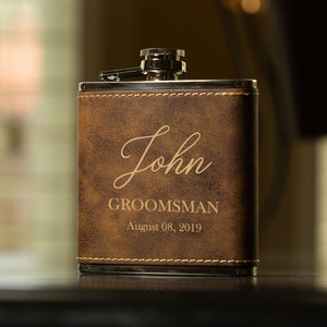 Personalized Groomsman Flasks, Leather Wrapped, Rustic Gold, Best Man Flask, Bridal Party Flask, Gift Flask Set, Personalized Leather Box