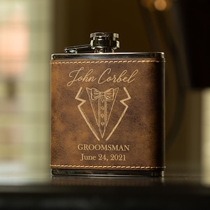 Personalized Groomsman Flasks, Leather Wrapped, Rustic Gold, Best Man Flask, Bridal Party Flask, Gift Flask Set, Leather Box,  Tuxedo Flask