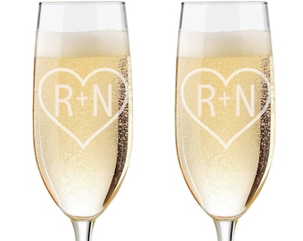 Personalized Initial in Heart Toasting Champagne Flutes, Etched Wedding Flutes, Custom Champagne Glasses, Monogram Flutes, Set of Two