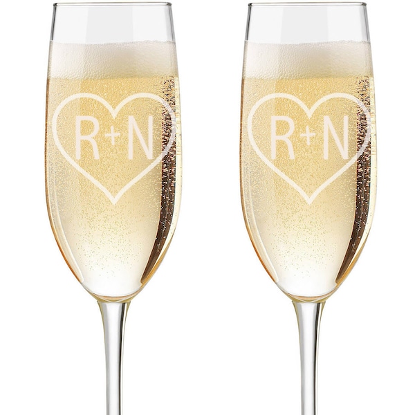 Personalized Initial in Heart Toasting Champagne Flutes, Etched Wedding Flutes, Custom Champagne Glasses, Monogram Flutes, Set of Two
