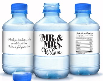 Printed Water Bottle Labels |  Mr and Mrs  | Custom Color | Waterproof, Smudge proof, Peel and Stick | Bridal Shower, Wedding | 30 Labels