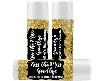 Personalized Lip Balm Labels - Gold Glitter Bachelorette Party labels -  1 Sheet of 12 Lip Balm Labels - Kiss the Miss Goodbye Labels