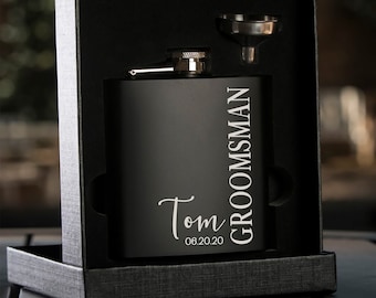 Personalized Script Name Bridal Party Black Flask, Groomsman Gift, Wedding Party Gift, Best Man Gift, Groomsman Flask, Bridesman Flask