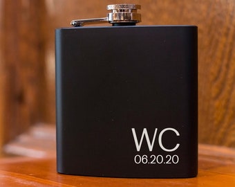 Matte Black Personalized Flask with Initials - Engraved Groomsman Flask Gift