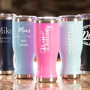 Personalized Pilsner Travel Tumbler: Engraved Stainless Steel Insulated Coffee Cup