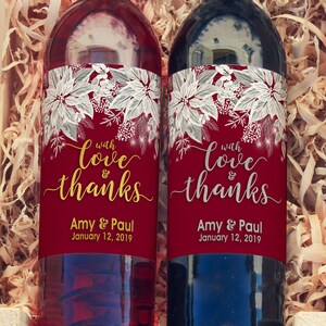 White Poinsettia Winter Wedding Wine Labels Winter Wedding Wine Favors, White Poinsettia Wine Labels, Wine Favors, You Choose the Colors image 1