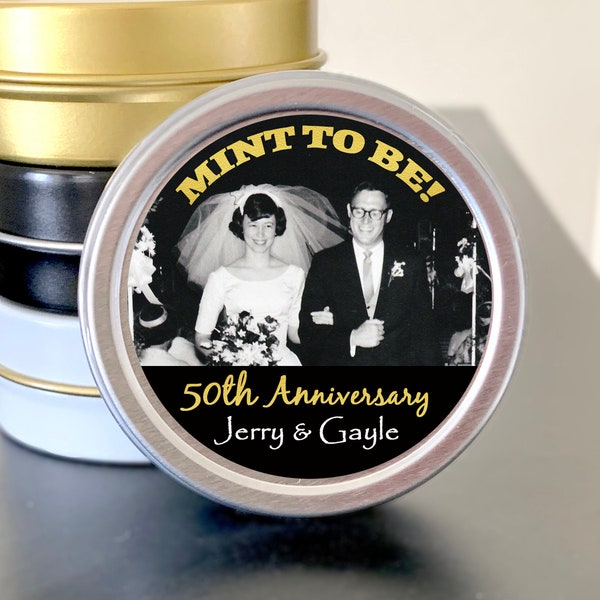 Mint to Be Custom Color 50th Anniversary Mint Tin Favors Candy Tins - Choose from Silver, Black, Gold or Black Tins