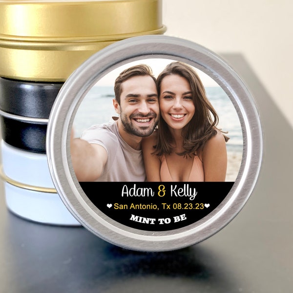 Personalized Photo Mint to Be Wedding Favor Tin Mints, Weddings, Rehearsal Dinner Favors, Available in Black, Gold, White or Silver Tins