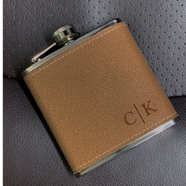 Brown Leather Flask, Groomsmen Flask Set, Engraved Flask, Monogrammed Flask, Leather Hip Flask, Flask For Groomsmen, Wedding, Dad Gift