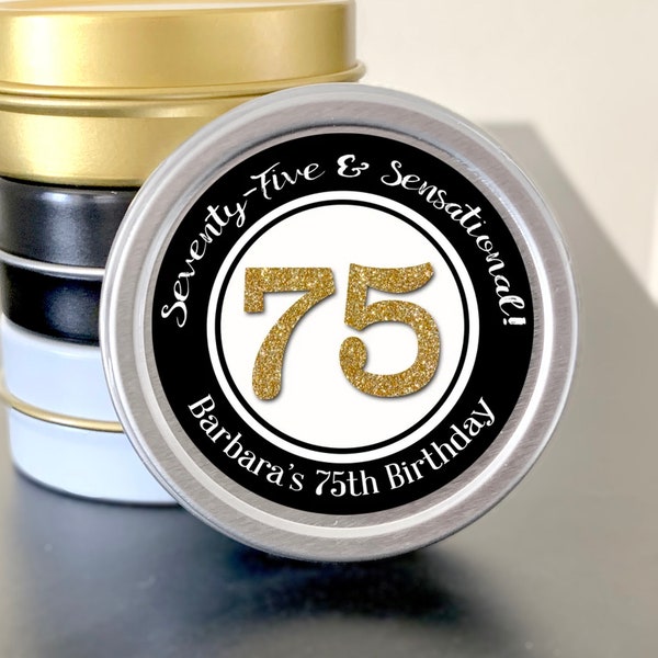 75th Birthday Mint Tin  Birthday Party Favor, 75 and Sensational, 75 and Fabulous, Birthday Favor - Black, Gold, White or Silver Tins