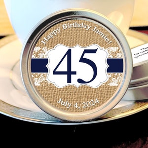 Burlap Birthday Mint Tin Favors, 45th Birthday Favors, Navy Blue Birthday Favors, Candy Birthday Favors, Birthday Decor image 1