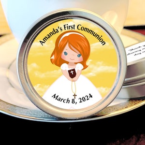 First Holy Communion Girls Mint Tin Favors | Custom Hair, Eye, and Skin Colors | Add your personalization