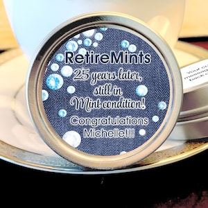 Personalized Retirement Mint Tins: Denim & Diamonds Party Favors