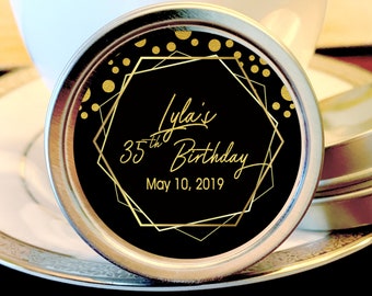 Personalized Birthday Mint Tins - Personalized Birthday Favors - Edible Party Favors - Black and Gold - Mint Candy - Personalized Mints