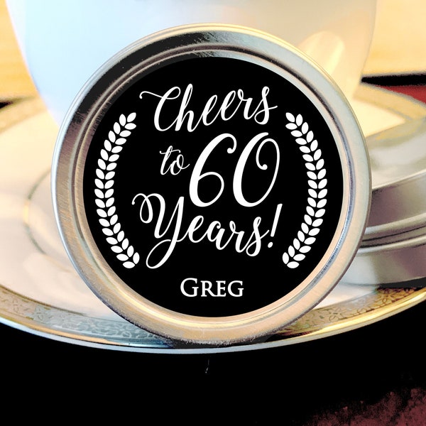 MIlestone Birthday Favors | Round Silver TIn Favors | 60, 70, 80, Birthday | Custom Text, Colors and Fonts | Your Choice of Candy or Mints