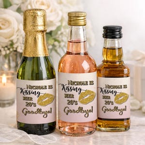 Personalized Milestone Birthday Mini Wine Bottle Labels | She's Kissing Her (insert age) Goodbye