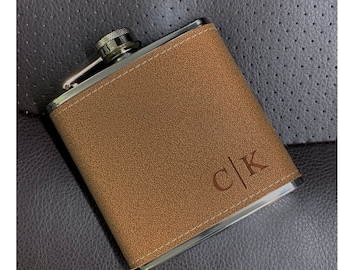 Personalized Brown Leather Monogramed Hip Flask