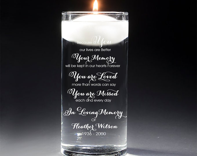Because of You Personalized Memorial Cylinder Candle Holder, Personalized Memorial Gift, Sympathy Gift