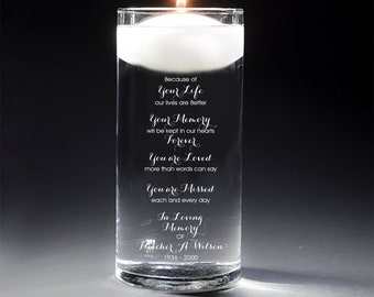 Memorial Vase - In Loving Memory Vase -Floating Wedding Memorial Candle - Memorial Candle - Engraved -  Because of Your Life