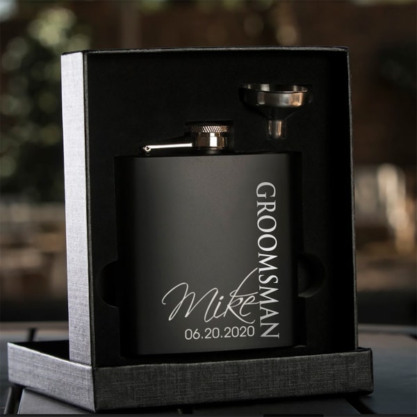 Groomsmen Gift, Personalized Flask Set, Best Man, Groom, Box Set, Proposal, Bachelor Party, Wedding Favors, Matte Black