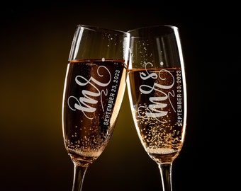 Mr. and Mrs. Personalized Champagne Glasses - Custom Engraved Engagement Toasting Flutes - Engagement Gift - Engagement Flutes