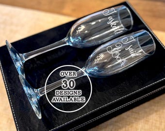 Personalized Wedding & Engagement Champagne Flutes - Custom Engraved Toasting Glasses - Over 30 Design Options