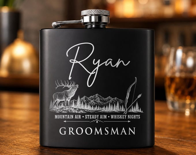 Personalized Black Flask, Elk Mountain Archery Groomsman Gift, Custom Hunting Flask Set