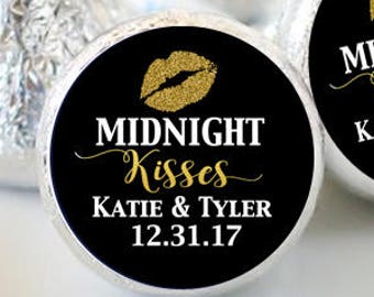 Midnight Kisses PRINTED 3/4" Round Candy Stickers | | Bridal Shower, Wedding Favor, Birthday, New Years Eve | 108 Stickers