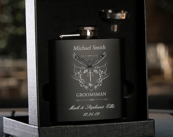 Personalized Bridal Party Flask with Engraved Crest, Engraved Flask, Black Flask, Groomsman Flask, Best Man Flask, Wedding Party Flask