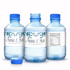 30 Personalized Vintage Greenery Wedding Water Bottle Labels, Wedding Welcome Bags Blue Green Leaves Label Wedding Favor