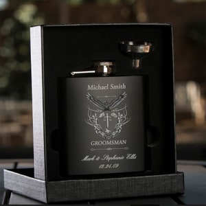 Personalized Bridal Party Flask with Engraved Crest, Engraved Flask, Black Flask, Groomsman Flask, Best Man Flask, Wedding Party Flask
