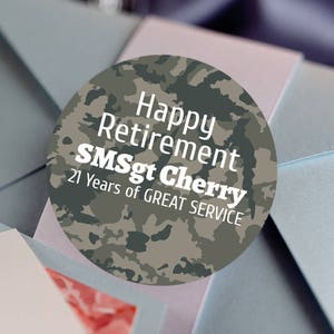Retirement, Custom Labels Round Retirement labels Military stickers Party Stickers Retirement Favor Stickers Camo image 1