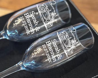 Personalized Motorbike Wedding Toasting Flutes Set