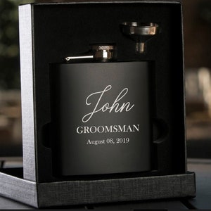 Groomsman Gift, Personalized Flask Set for Men, Custom Engraved Black Hip Flask, Best Man Flask, Name Flask for Groomsmen