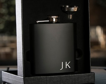 Personalized Black Hip Flask with Funnel: Engraved Gift Box Set