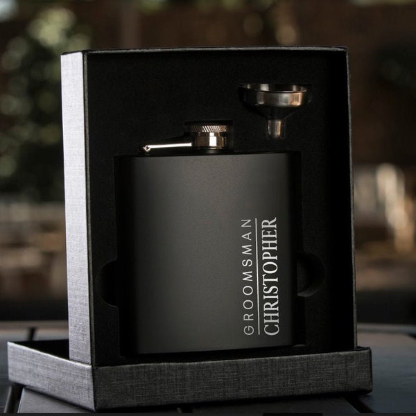 Personalized Engraved Flask, Personalized Black Flask, Groomsman Flask, Best Man Flask, Wedding Party Flask, Groomsman Vertical