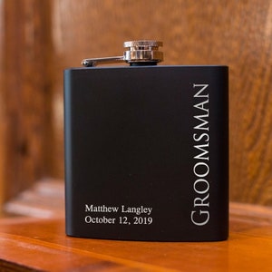 Personalized Wedding Party Black Hip Flask, Best Man Gift, Groomsman Gift, Custom Engraved Flask, Groomsman Wedding Gift