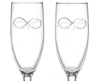 Personalized Wedding Flutes,   2 Toasting Flutes, Engraved Wedding Flute,  I Do Infinity Toasting Flutes,  Bride & Groom Champagne Flutes