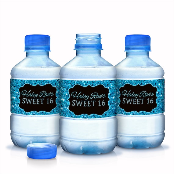30 Blue Glitter Sweet 16 Birthday Water Bottle Labels - Aruba Glitter - Party Labels - Bottle Labels - Birthday Decor - Birthday Bottle Wrap Il_570xn