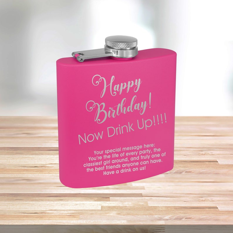 Personalized Matte Pink Flask Custom Flask Engraved Pink Flask Birthday Flask Wedding Party Gift Bridesmaid Gift Pink Flask Happy Birthday Drink