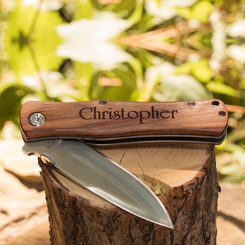 Personalized Pocket Knife, Hunting Knife, Gift for Men, Rosewood, Custom Camping Knife, Groomsmen Knife, Engraved Knifes, Engraved Wood image 1