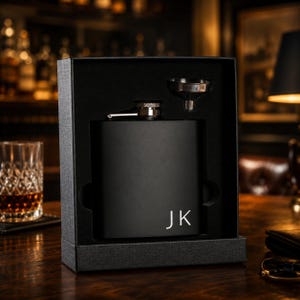 Personalized Black Flask, Custom Engraved 6 oz Groomsman Gift Set