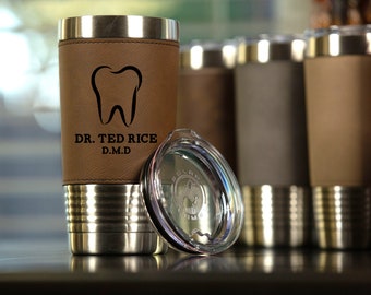 Personalized Leather Travel Tumbler: Engraved Dentist Gift, 20 oz