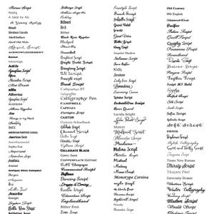 May include: A black and white document titled FONT CHOICES, displaying a comprehensive list of various typeface names arranged in four columns. Each entry is rendered in its own specific font style, showcasing a wide range of typography.