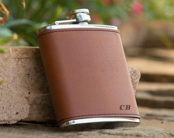 Personalized Brown Leather Initials Flask - Groomsman Flask - Best Man Gift - Wedding Party Gift - Personalized Flask - Initials Flask