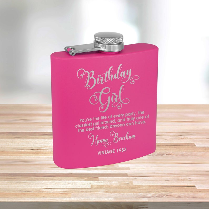 Personalized Matte Pink Flask Custom Flask Engraved Pink Flask Birthday Flask Wedding Party Gift Bridesmaid Gift Pink Flask Birthday Girl