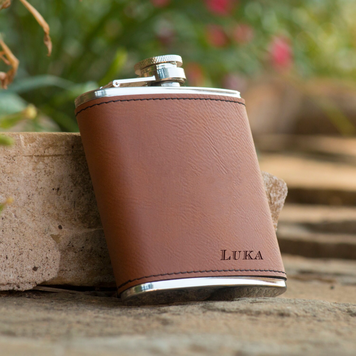 Personalized Brown Leather Wrapped Flask Groomsman Flask Etsy