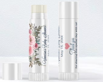 Personalized Pink Rose Lip Balm Labels: Bridal Shower Favors