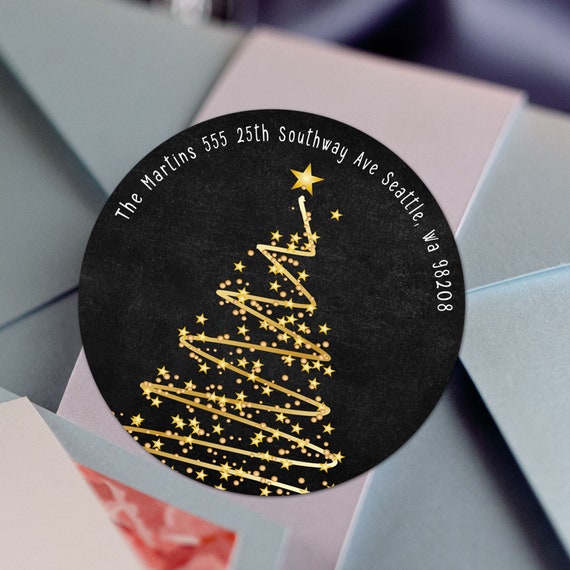 Gold Tree Black Address Labels Round Holiday Labels Personalized Return Address Label Stickers Custom Christmas Address Labels By Great Little Favor Co Catch My Party